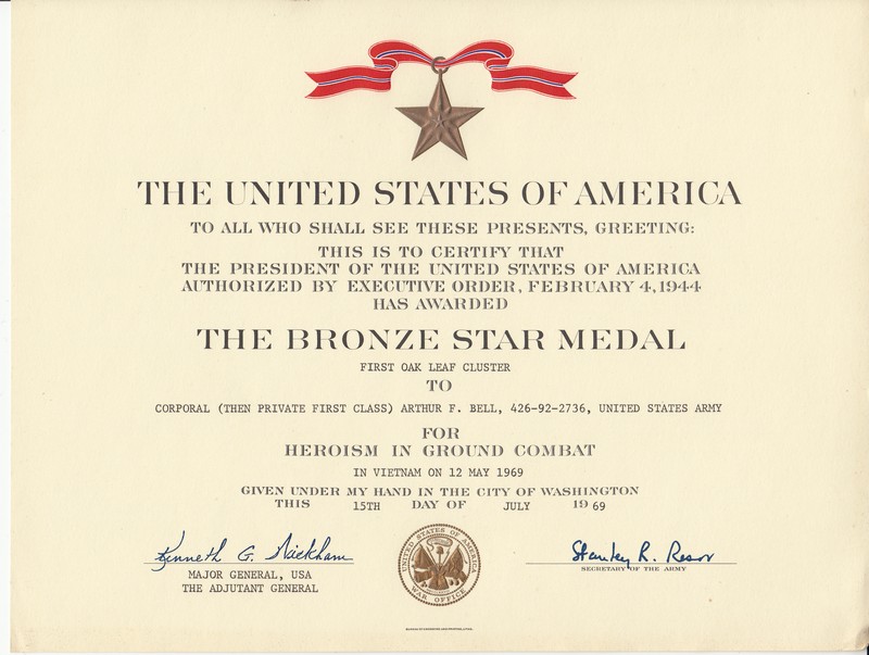 Urkunde Bronze Star Medal Oak Leaf Cluster